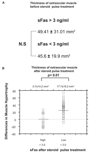 Figure 4 A shows the cross-section area of extraocular muscle before steroid pulse treatment. No significant difference in the cross-section area of extraocular muscle was observed between subjects with sFas levels of less than 3 ng/ml and those with more than 3 ng/ml. B shows those with sFas level of less than 3 ng/ml after steroid pulse treatment disclosed improvement in extraocular muscle thickness (Man-Whitney’s U test).