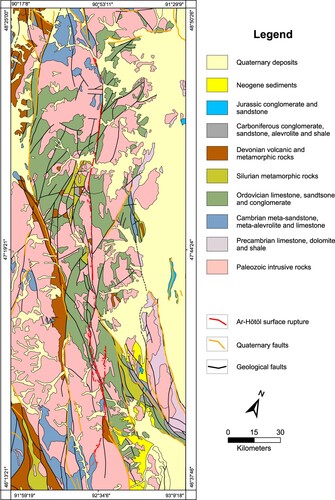 Figure 1. Simplified geological map of the Ar-Hötöl section of the Khovd fault and neighboring area modified from the Geological Map of Mongolia at a scale of 1:500000 (CitationTomurtogoo et al., 1998). Quaternary faults are from CitationByamba (2009). The Ar-Hötöl surface rupture is from this study. See main text for description.