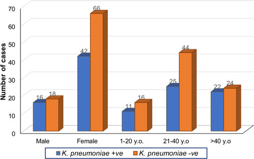 Figure 1 Gender and age distribution of K. pneumonia-positive and -negative UTI patients. Frequency distribution of urine culture with K. pneumonia positive (+ve) and negative (-ve) according to sex (male and female) and age group (1–20 YO, 21–40 YO and more than 40 YO) (n=142, Years Old = YO).