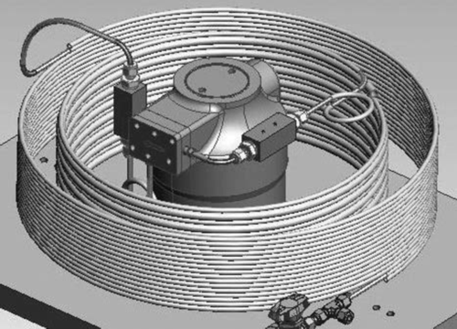 Figure 3. Concentrical construction of the CO2 heat pump. The compressor is placed in the centre – surrounded by the evaporator (inner helical tube) and gas cooler (outer helical tube).