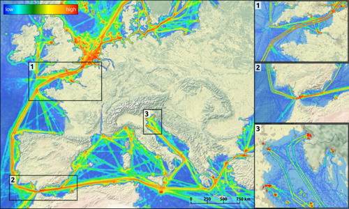 Figure 2. Historical LRIT density (data provided by the EU LRIT CDC contributing states) highlighting areas where maritime traffic is highly structured and regulated by traffic separation schemes and other ship routeing systems.