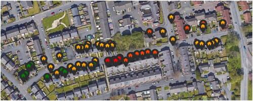 Figure 9. Illustration of sample EPCs in Manchester, UK. Green = low CO2e emissions; Orange = average CO2e emissions; Red = high CO2e emissions. Satellite image acquired from Google Maps.