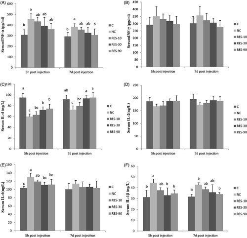 Figure 4. Effect of dietary resveratrol supplementation and diquat challenge on serum content of cytokines in piglets. 1C group: basal diet without diquat; NC group: basal diet + diquat; RES-10 group: basal diet +10 mg/kg resveratrol + diquat; RES-30 group: basal diet +30 mg/kg resveratrol + diquat; RES-90 group: basal diet +90 mg/kg resveratrol + diquat. Values are expressed as means ± SE (n = 6). a,b,cMeans values with different letters indicate significantly difference (p < .05). TNF-α, tumour necrosis factor-α; IFN-γ, interferon-γ; IL-6, interleukin-6; IL-1β, interleukin-1β; IL-2, interleukin-2; IL-4, interleukin-4.