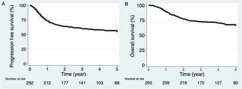 Figure 2. The 5-year survival probability. (A) Progression-free survival and (B) overall survival.