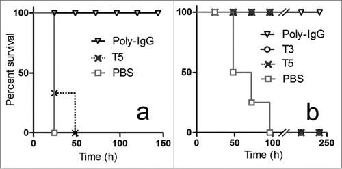 Figure 3. In vivo neutralization of high (a) and low (b) doses of toxin with monomeric antibody fragments. Groups of 5 mice were co-administered with: (a) 10 × LD100 of the toxin preparation and 6.3 nmoles of T5, or 3.3 nmoles of Poly-IgG, or PBS ; or (b) 1 × LD100 of the toxin preparation and 0.63 nmoles of T5, 0.63 nmoles of T3, 0.33 nmoles of Poly-IgG, or PBS.