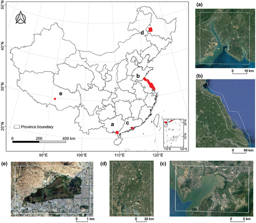 Figure 2. Locations of five national wetland reserves in China. (a) Site 1 (Guangxi Beilun Estuary National Nature Reserve), (b) Site 2 (Yancheng National Nature Reserve), (c) Site 3 (Mai Po Marshes and Inner Deep Bay), (d) Site 4 (Zhalong), (e) Site 5 (Lalu National Nature Reserve). Google Earth imagery is shown in the background.