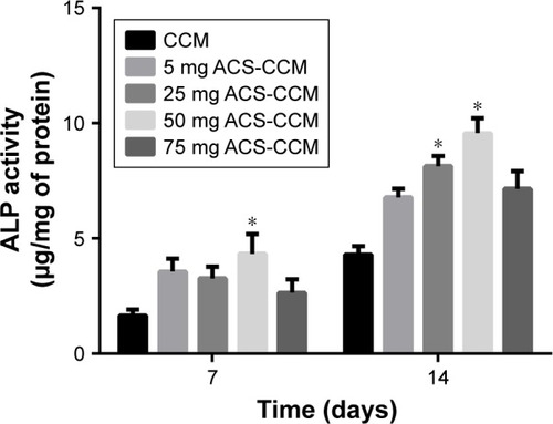 Figure 6 ALP activities of BMSCs growing in different membranes after culturing for 7 and 14 days.Note: The difference between the ALP activity of the 50 mg ACS-CCM group and the other groups was statistically significant at each testing time point (*P<0.05, n=3).Abbreviations: BMSCs, bone mesenchymal stem cells; CCM, collagen-chitosan membranes; ACS-CCM, aspirin-loaded chitosan nanoparticles contained in collagen-chitosan membranes.