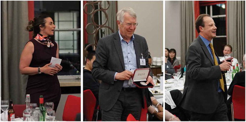 Figure 5. The conference dinner held on the evening of Tuesday 16th April 2019. Left: Linda Hirst, recipient of the 2019 Cyril Hilsum Medal. Middle: Dirk Broer receiving the 2018 Grey Medal. Right: Corrie Imrie, recipient of the 2019 Grey Medal.