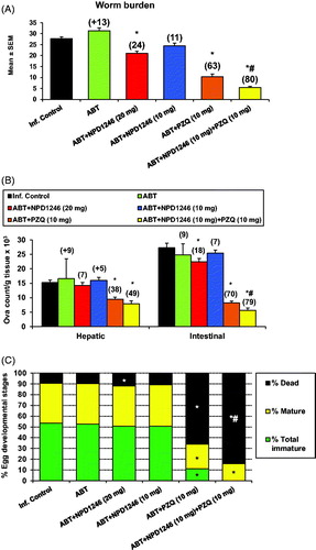 Figure 2. Effect of NPD-1246 alone (in a dose of 20 or 10 mg/kg/day) or in combination with PZQ (10 mg/kg/day each) for 5 days treatment on (A) worm burden, (B) tissue egg load and (C) oogram pattern in S. mansoni-infected mice sacrificed 10 days post end of treatment. *Significantly different from infected control at p < 0.05. #Significantly different from PZQ group at p < 0.05. Numbers above columns and between parentheses represent percentage change from infected control group.