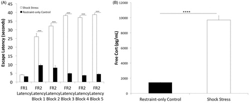 Figure 2. Effects of shock stress on shuttle escape performance and plasma corticosterone. (A) Shock stress significantly impaired shuttle escape performance, increasing escape latencies across all five trial blocks (1–5) each constituting five trials (25 trials total) on the FR-2 schedule. (B) Shock stress significantly increased plasma levels of free corticosterone. Error bars denote mean + SEM. ****p< .0001 and ****p <.00001.