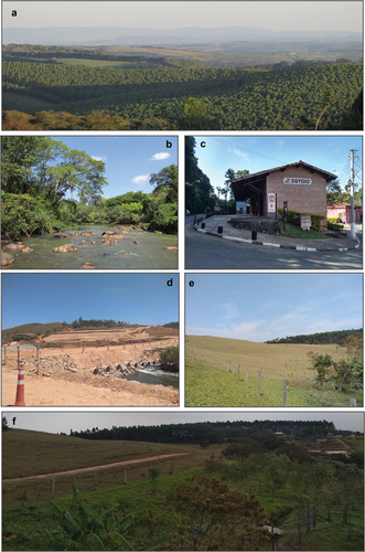Figure 2. Landscape at Campinas Environmental Protected Area (EPA), São Paulo state, southeast Brazil. (a) View from an outlook that is highly visited by tourists in which it is possible to observe a hilly landscape, eucalyptus plantations, pasture, and some infrastructure; (b) Jaguari River; (c) Environmental education center sited in a deactivated train station, located at an urban area; (d) Construction of a dam under progress; (e) Pasture and eucalyptus plantations; (f) Agroecological farm ‘Sítio Vale das Cabras’ bordering a fence with a pasture area. (Photos: Rafael Flora (A, B); Rafael Lembi (C, D, E, F)).