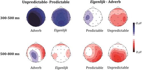 Figure 2. Scalp topographies of the difference in N400 amplitude (upper panel) and in post-N400 positivity (lower panel) in response to plain-predictable vs. plain-unpredictable words (left panels), and in response to words following an adverb vs. eigenlijk (right panels).