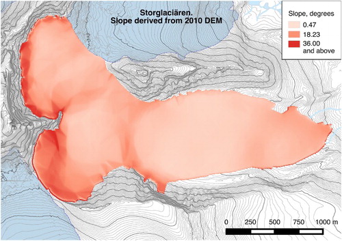 Figure 2. The surface slope of the glacier derived from the DEM. Triangular facets are found at the western margin of the glacier as a result of interpolation using a TIN.