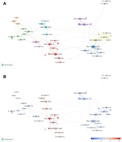 Figure 3 Network map of study authors. (A) Of the 16,577 authors (classified into seven clusters), 46 had at least 15 publications. (B) Distribution of authors according to citations.