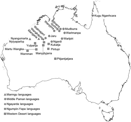 Figure 1. Approximate locations of the Pama-Nyungan languages surveyed in this paper which can cross-reference at least one type of nominal expression marked with local case. (e.g. locative, allative, elative, etc.)