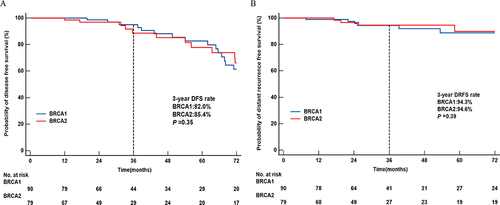 Figure 2 Kaplan–Meier curves in patients with BRCA mutation according to BRCA1 or BRCA2 group for disease-free survival (A) and distant recurrence-free survival (B).