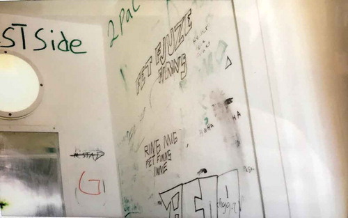 Photo 6. Photo taken by a young male showing a bathroom with doodles on the walls
