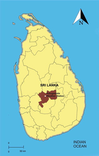 Figure 1. Our study area, Kandy district, on a map of Sri Lanka. Kandy district is shaded in light brown color in contrast to the other 24 districts. Location of the Katugastota weather stations from which we obtained our weather data is also depicted.