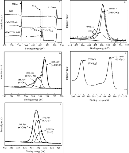 Figure 3. XPS spectra of (a) total survey scan, (b) C 1 s of GO-DTPAA, (c) O1s of GO-DTPAA, (d) N 1 s of GO-DTPAA, and (e) U 4f of GO-DTPAA-U.