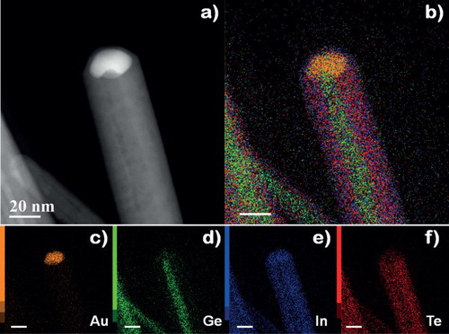 Figure 3. (a) STEM-HAADF image of a core–shell NW and its EDX map. The elemental maps of each atomic species are reported in (c)–(f), according to their labels (the markers correspond to 20 nm); the overall elemental map is shown in (b).