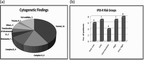 Figure 1. Cytogenetic findings and IPSS-R risk groups of 39 patients with t-MN. (a) Patients with t-MN based on cytogenetic findings. (b) Patients with t-MN according to IPSS-R risk groups.