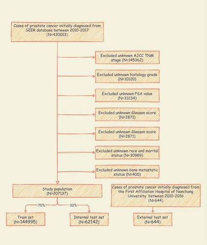 Figure 1 Flow diagram of the study population selected from the Surveillance, Epidemiology, and End Results (SEER) database and the First Affiliated Hospital of Nanchang University. According to the inclusion and exclusion criteria, a total of 207,137 patients of SEER were included in this study, and they were randomly cut into the training and internal test sets in a 7:3 ratio. Data from the First Affiliated Hospital of Nanchang University as an external test set.