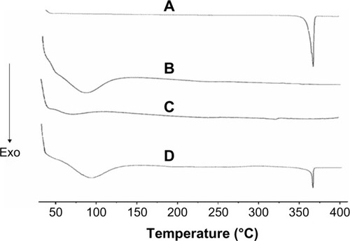 Figure 2 DSC curves of AP (A), CNP (B), SD at AP/CNP ratio of 1:6 (C) and AP/CNP 1:6 PM (D).Abbreviations: Exo, exothermic direction; DSC, differential scanning calorimetry; AP, apigenin; SD, solid dispersion; CNP, carbon nanopowder; PM, physical mixture.
