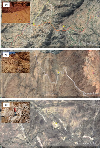 Figure 1. Location of clay and kaolin samples (A) C1, (B) C2, and K (C).