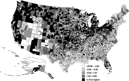 Figure 4 Residuals from regression of denominations with population, 2000. Intervals contain equal numbers of counties. (Source: Glenmary and Polis data.)