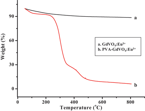 Figure 5. Thermogravimetric curves of (a) GdVO4:Eu3+ and (b) PVA-GdVO4:Eu3+.