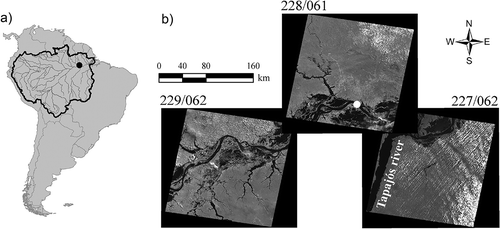 Figure 1. (a) The Amazon River basin in South America; the Óbidos station is indicated by the black dot. (b) Greyscale Landsat/TM Band 4 (near-infrared) of the three scenes used in this study (229/062, 228/61, 227/062). The white dot indicates the Óbidos gauging station.