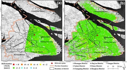 Figure 5. Vertical deformation velocity map (a) from the TSX dataset from 2013 to 2020 and (b) from the S1A dataset from 2016 to 2020. The red triangle represents the reference point.