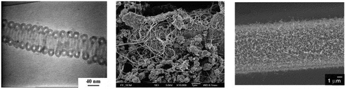 Figure 1. A) coiled carbon nanotube; b) nanoclay-supported nanotube and c) carbon nanotube-coated carbon fiber.