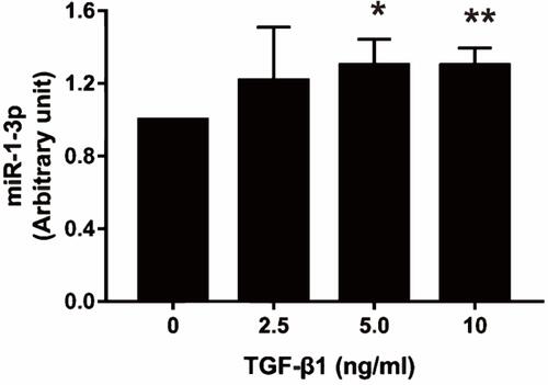 Figure 8 Effect of TGF-β1 on miR-1-3p expression in HCT116 cells. The miR-1-3p expression was detected by qRT-PCR after treatment with TGF-β1 (0, 2.5, 5, and 10 ng/mL) for 24 h. Data were presented as mean ± SEM. n=3; *P<0.05, **P<0.01.