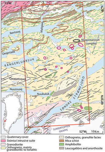 Figure 1. General 1:500 000 geological map across the southern Nagssugtoqidian Orogen simplified from Garde and Marker (Citation2010). The location of number of mafic and ultramafic complexes mapped by processing of regional HyMAP data are shown in pink ovals. The Niaqornarssuit complex is highlighted by a black oval