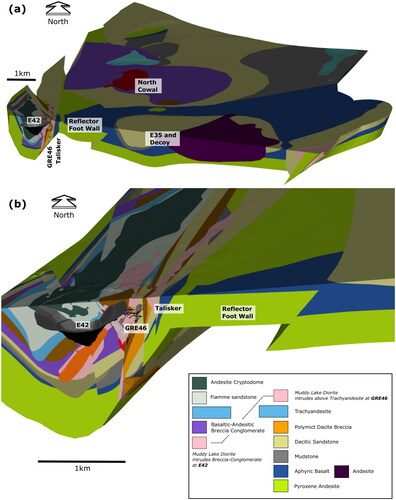 Figure 15. Screenshots of 3D Model in Leapfrog. (a) North-looking view showing the ∼15 km cross-sectional area of the entire CIC. (b) Closer view of ore deposits and adjacent prospects. Selected prospect names are annotated to show locations of the successions shown on the composite correlation chart in Figure 14.