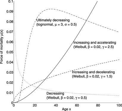 FIGURE 1 Examples of accelerating and decelerating forces of mortality.