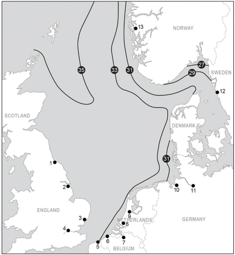 Figure 2. The salinity of the North Sea during August (from Van Aaken Citation1990). The numbered dots with lines show the boundary of the salinity (psu). The dark dots are the major North Sea ports. The numbers correspond to the numbers in Table 1.