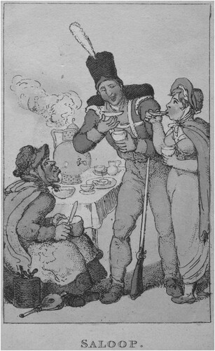 Figure 1. This print gives some sense of the material culture of these spaces, from the bowl on the table to the tools at the seller’s feet. Thomas Rowlandson, Saloop, from Characteristic Sketches of the Lower Orders, London, 1820. Image © British Library Board (C.58.cc.1.(2)).