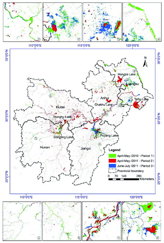 Figure 4. The spatial distributions of the wetlands in the five provinces and three periods.