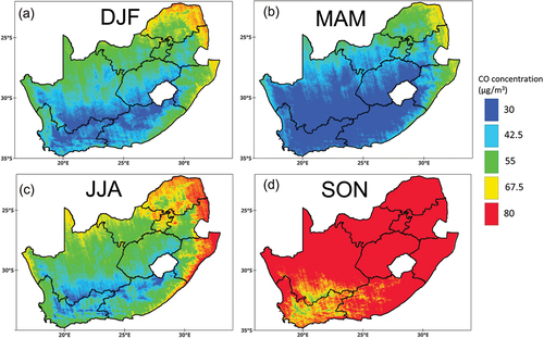 Figure 5. Seasonal concentration of CO over South Africa for the period of 2022.