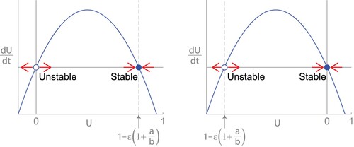 Figure 3. Growth curves dU/dt vs U for (Equation4(4) dUdt=((1−ε)(a+γb)−a−γbU)U.(4) ). (a) When 0<1−ε(1+a/b), the positive equilibrium is stable and U=0 is unstable. (b) When 0<1−ε(1+a/b), the equilibrium at U=0 is stable and the negative equilibirum is unstable.