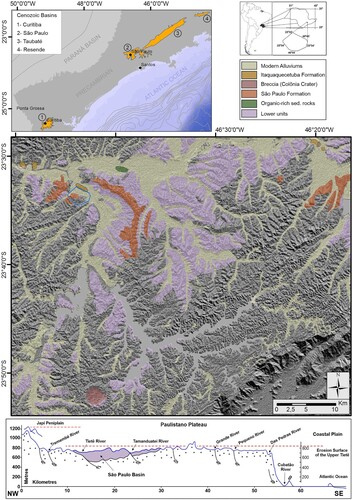 Figure 1. Geological map of the São Paulo Basin (original shapes compiled from http://geosampa.prefeitura.sp.gov.br/PaginasPublicas/_SBC.aspx) including NW-SE section modified from CitationAlmeida (1958).