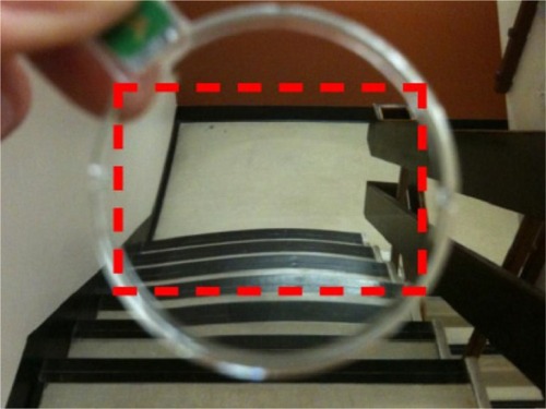 Figure 1 A flight of stairs viewed through a left, plano + 4D power progressive lens.