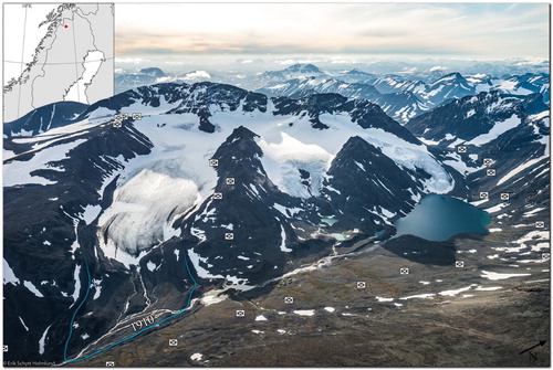 Figure 2. Estimated positions of the used 1910 terrestrial images, and the 1910 extent of Storglaciären (blue line). Also shown is the location of Tarfaladalen in Sweden. Photograph by Erik S. Holmlund, 17 August 2017.