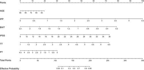 Figure 1 The nomogram to predict TURP efficacy. The nomogram was created based on six independent prognostic factors. Points are assigned for each variable by drawing a line upward from the corresponding variable to the points line. The sum of the points plotted on the total points line corresponds with the predicted probability for effective TURP.