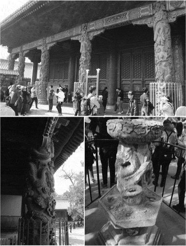 Figure 4. Top: Stone-carved dragon-wrapped pillar on the front of the Dacheng Hall, Confucius Temple, Qufu. Lower left: Dragon-wrapped pillar in Dacheng Hall annex building (courtyard gate). Lower right: Incense Burner in the courtyard of Dacheng Hall in the form of a stone dragon-wrapped column. Photographs by the authors of this article.