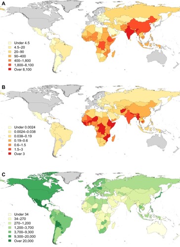 Figure 2 Distribution of the global burden of rabies estimated for 2010: (A) human rabies deaths, (B) per capita death rates (per 100,000 persons), and (C) expenditure on dog vaccination (US$ per 100,000 persons).