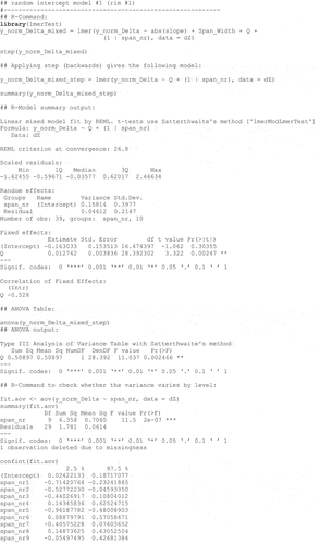 Figure A3. R command and summary model output for the random intercept model 1 (rim #1).Variables: y_norm_Delta: ‘difference in relative deflection’ (RTD - RMD) [m]; delta_T_perc: ‘diff. in skyline tensile force (STF)’(theor. STF – meas. STF) / meas. STF * 100 [%]; slope: ‘slope of the span’ []; Span_Width: ‘spanwidth’ [m]; Q:‘load’ [kN].