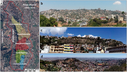 Figure 4. Spaceborne ortophoto (Pleiades satellite) of the town sectors showing the Upeer Town quarters (a) (in red the boundary of the Unesco Buffer zone). Panoramic views of the Upper-Middle town and Analamanga hill eastern (b) and western slopes (c). View of the Lower Town area (d). Source: IMV-Institut des Metiers de la Ville-Tana City Lab by its manager Tamara Teissedre-Philip (tamarateissedrephilip@prxmadagascar.org).